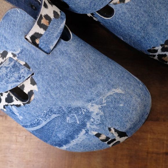 Papillio Women's Blue and Leopard Print Clogs - Picture 3 of 8